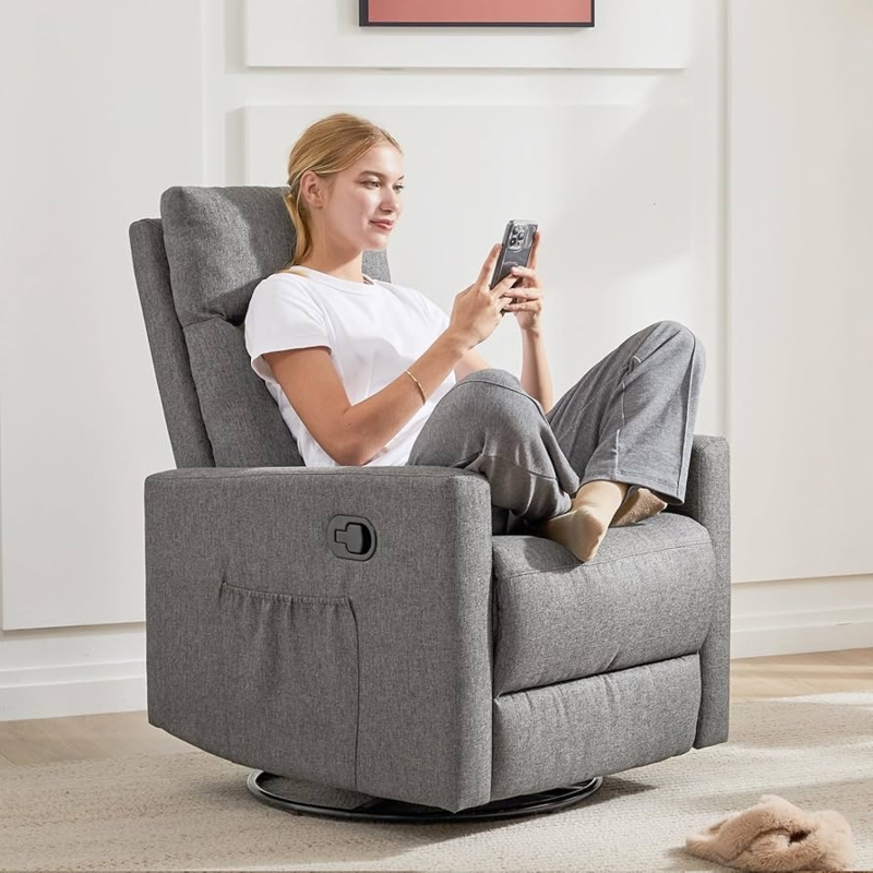 Rocker Recliner Grey Fabric Side Pocket Compact Swivel Rocker Recliner