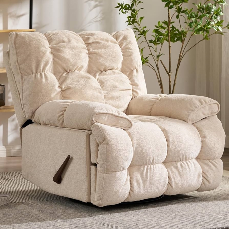 Rocker Recliner: Overstuffed Baffling, Cream Velvety Fabric (63 characters)