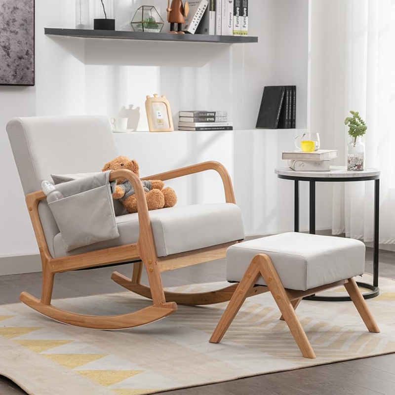 Rocker Set: Light Gray Fabric, Side Storage Pocket, A-Frame Ottoman