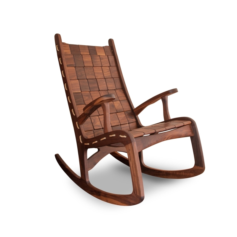 Rocking Chair: Artisanal Walnut, Quilted Wood Pattern Back, Cord Lacing