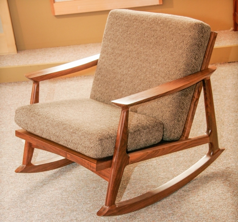 Rocking Chair: Mid-Century Walnut Frame, Geometric Pattern Upholstery