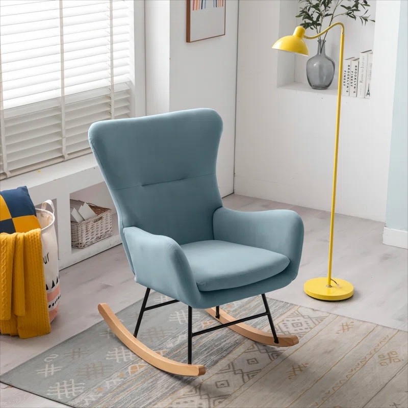Rocking Chair: Modern Wingback, Dusty Blue Fabric, Metal Underframe Base