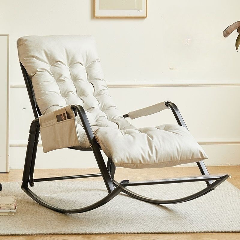 Rocking Chair Off-White Tufted Cushion Matte Black Frame Side Pocket