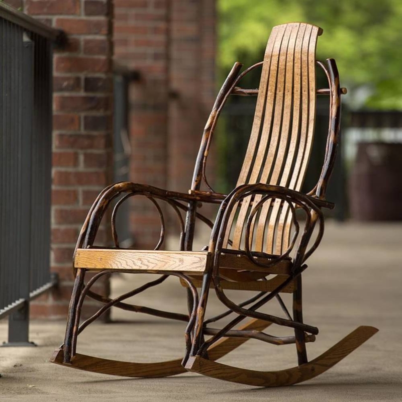 Rocking Chair: Rustic Bent Branch Arms, Vertical Slat Back, Natural Bark