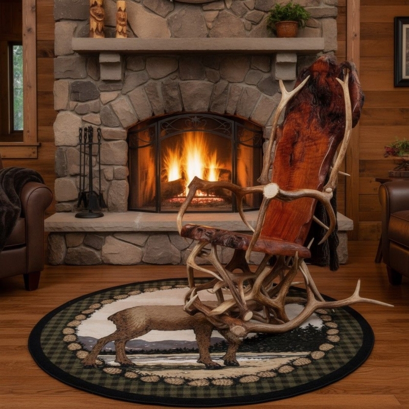 Rocking Chair: Rustic Lodge Sculptural Antler Frame, Live Edge Wood Back