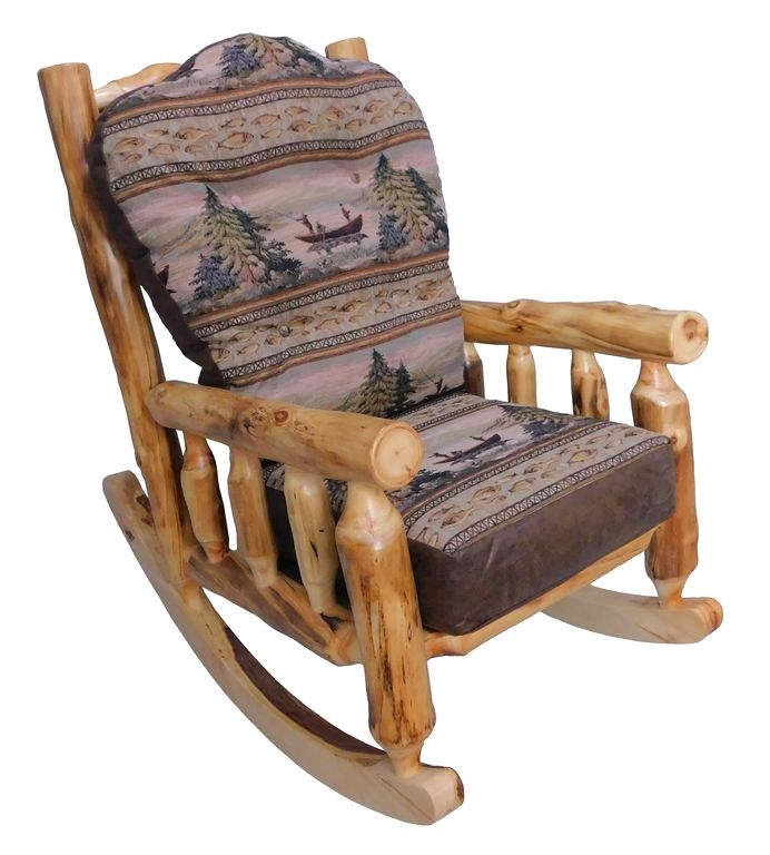 Rocking Chair: Rustic Natural Log Frame, Wilderness Motif Upholstery