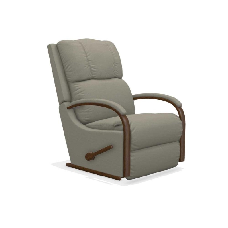 Rocking Recliner: Warm Taupe Fabric Curved Wood Arms Transitional