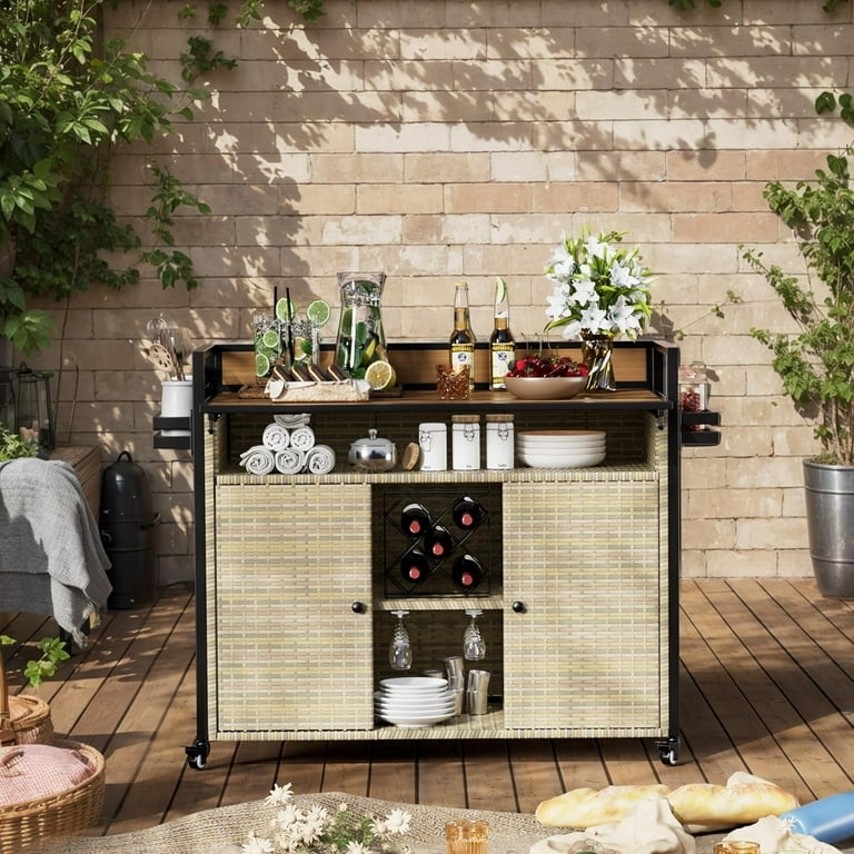 Rolling Bar Cart Warm Beige Wicker Integrated Wine Rack Dual Handles