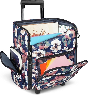 Rolling Floral Craft Tote Bag with Telescoping Handle and Pockets