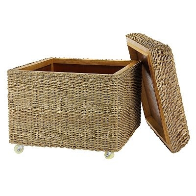 Rolling Seagrass Storage Ottoman Woven Texture Casters