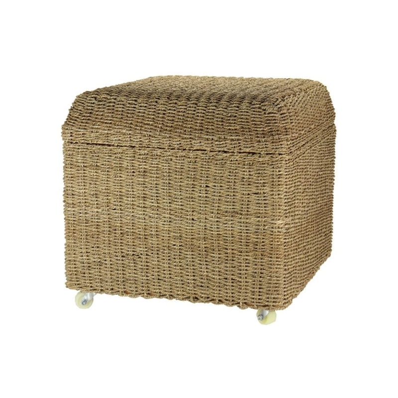 Rolling Seagrass Storage Seat Hinged Lid Textured Weave