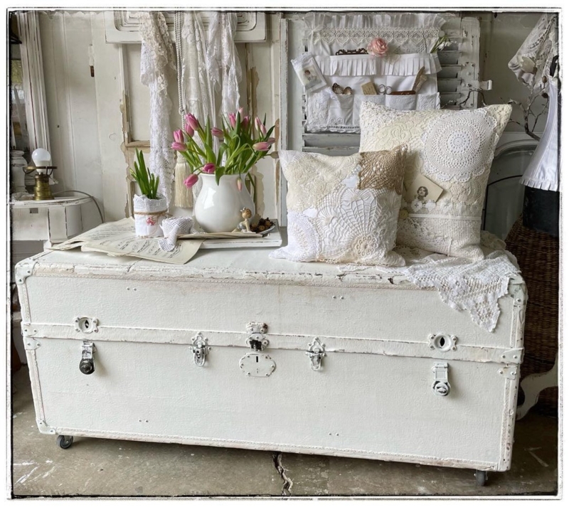 Rolling Steamer Trunk: Distressed White Finish & Shabby Chic Lace Accents