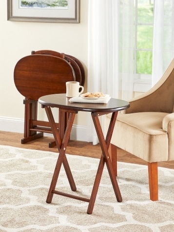Rolling Storage Snack Tables Set of Four with Wood X-Frame folding Legs