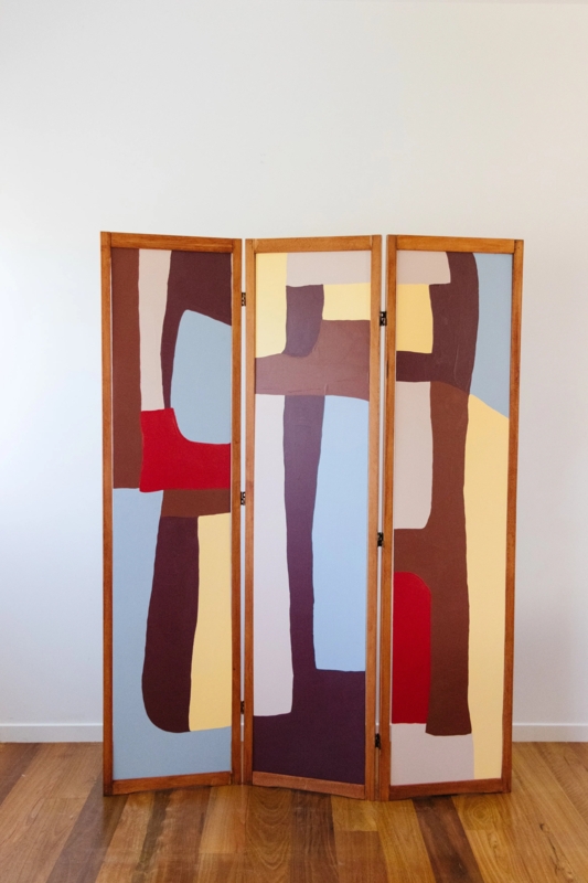 Room Divider Abstract Mural Geometric Painted Three Panel Wood Frame