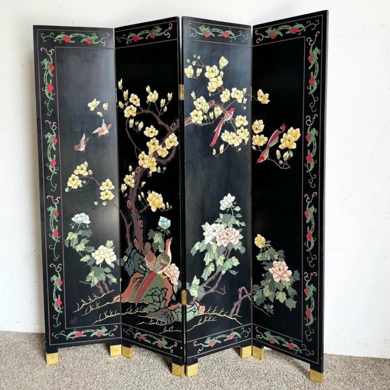 Room Divider Black Lacquer Chinoiserie Bird Floral Art Glossy
