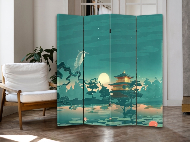 Room Divider Continuous Landscape Mural Japandi Pagoda Teal Canvas