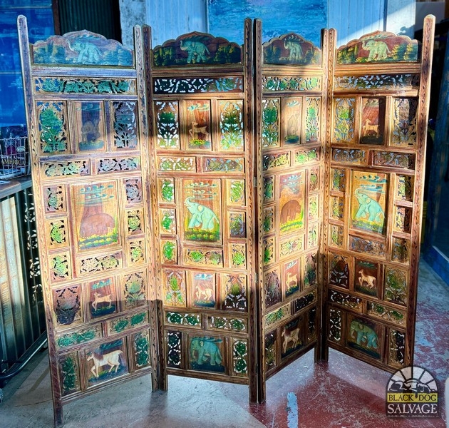 Room Divider Hand Painted Animals Carved Fretwork Global Eclectic