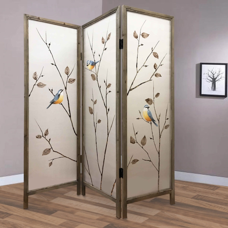 Room Divider Hand Painted Bird Motif Fabric Panels Transitional