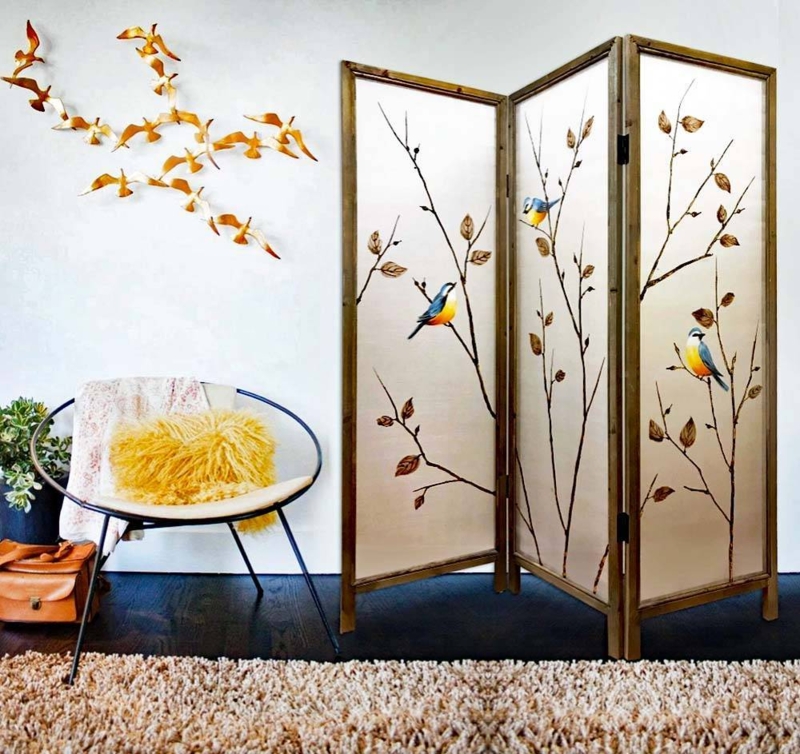 Room Divider Hand Painted Bluebird Painting Boho Chic Wood Frame