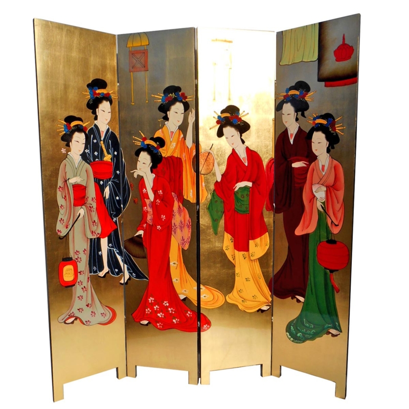 Room Divider Hand Painted Geisha Metallic Gold Oriental Glossy
