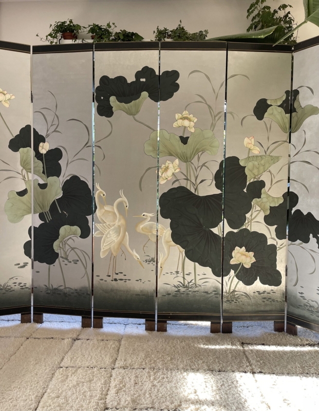 Room Divider Japanese Vintage Lotus Crane Motif Silver Grey Hand Painted