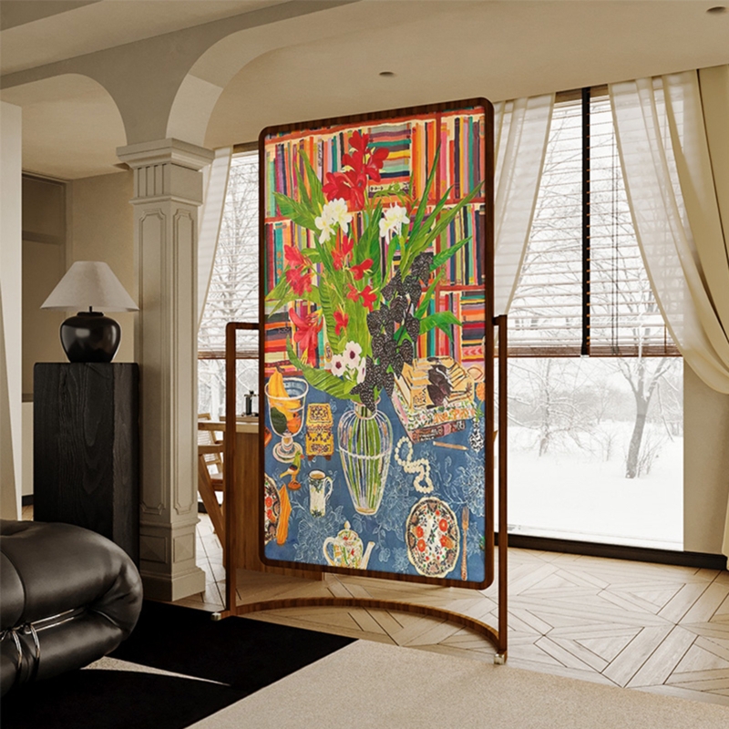 Room Divider Oil Painting Style Curved Wood Frame Floral Still Life