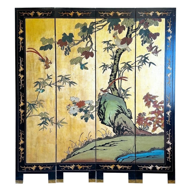 Room Divider Screen Gold Leaf Chinoiserie Hand Painted Birds