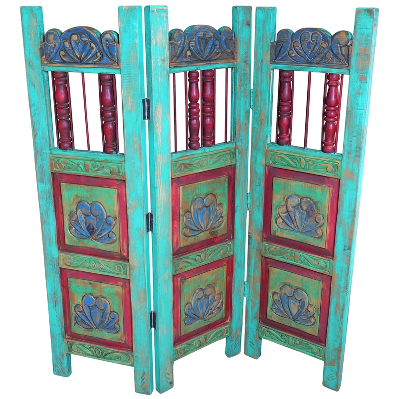 Room Divider Southwestern Rustic Turquoise Distressed Carved Floral
