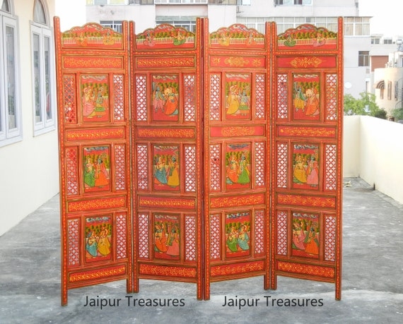 Room Divider Traditional Indian Jaali Lattice Hand Painted Scenes
