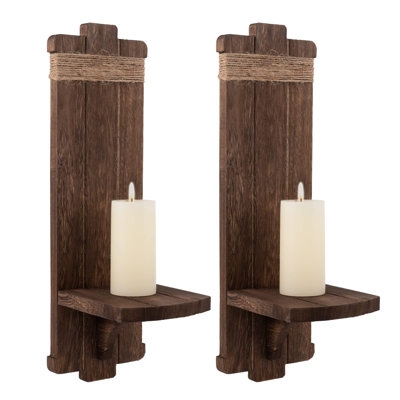 Rope Wrapped Wall Sconce Set, Notched Top Design, Walnut Brown