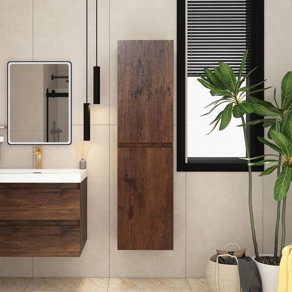 Rose Wood Linen Cabinet, Handleless Front, Floating Bathroom Storage.
