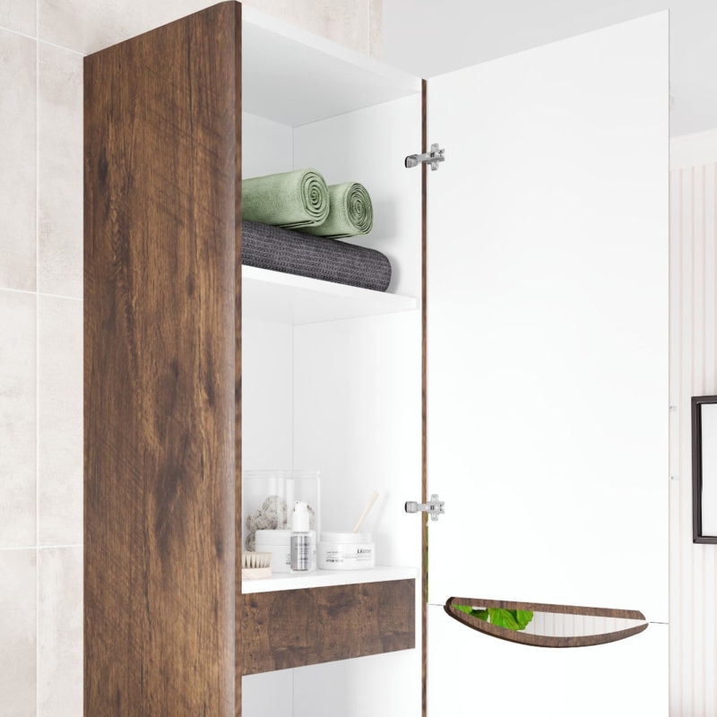 Rosewood Linen Cabinet featuring Integrated Cutout Handle and Dual Tone.