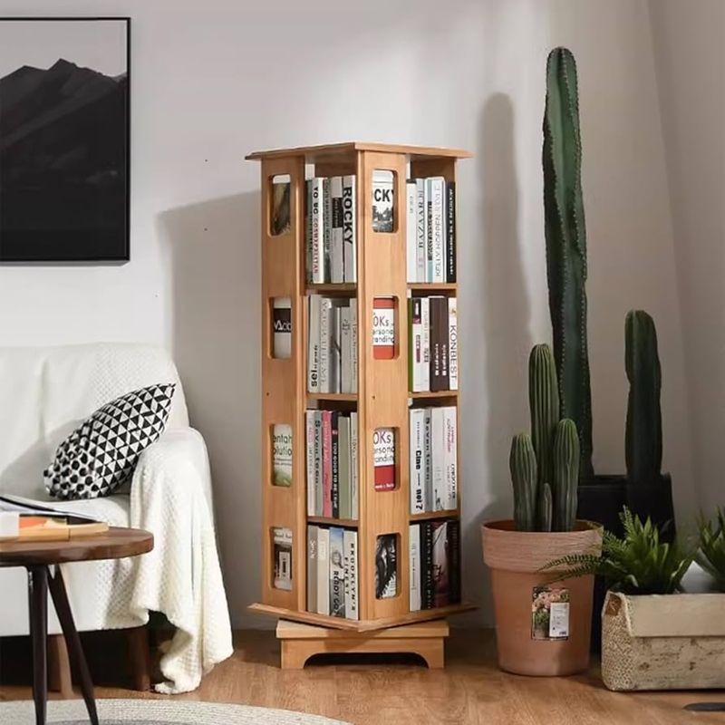 Rotating Bookshelf Tower, Cutout Side Panels, Vertical Corner Library