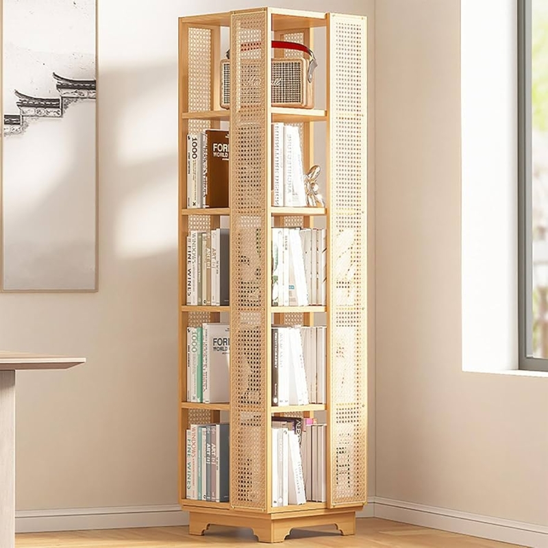 Rotating Bookshelf with Rattan Cane Panels, Japandi Style Book Tower
