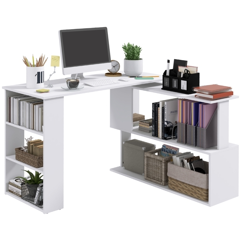 Rotating L-Shaped Desk with Swivel Mechanism and Open Shelving