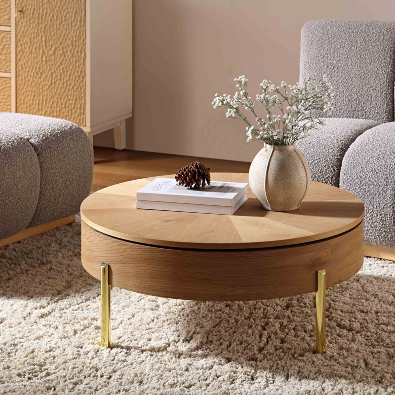Rotating Oak Coffee Table with Radial Sunburst Grain and Gold Legs