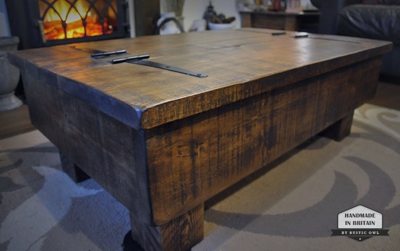Rough Sawn Pine Coffee Table Chest with Industrial Strap Hinges
