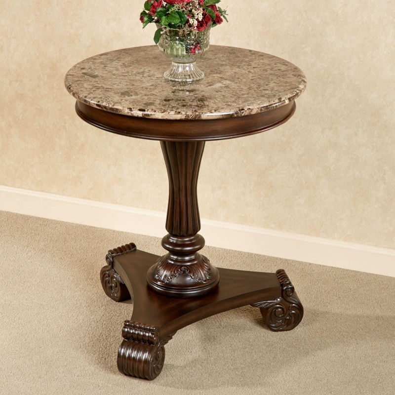 Round Accent Table: Autumn Cherry Fluted Pedestal, Mottled Stone