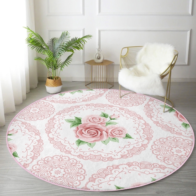 Round Area Rug, Blush Pink Mandala Rose Pattern, Piped Edge