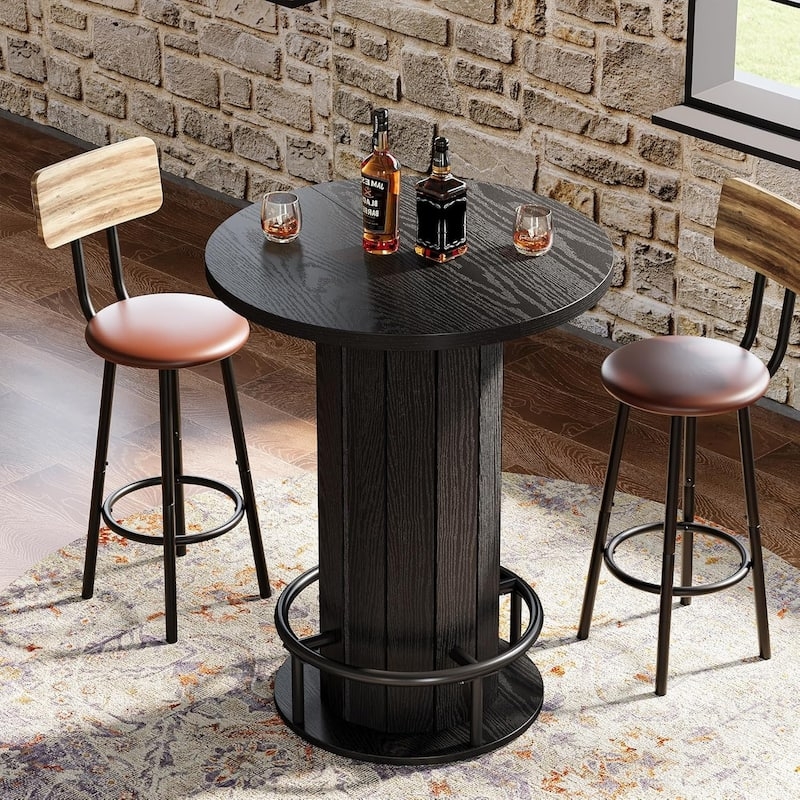 Round Bar Table with Slatted Pedestal Base and Cognac Brown Stools