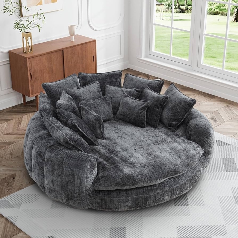 Round Chaise Lounge, Charcoal Chenille, Channel Tufted