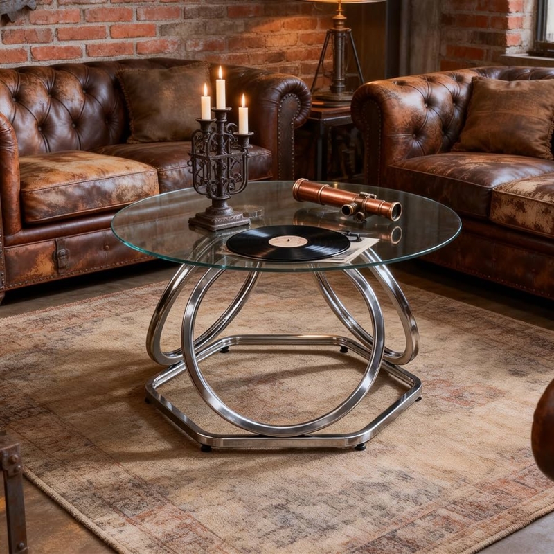 Round Chrome Coffee Table Glass Hexagonal Base Circular Supports