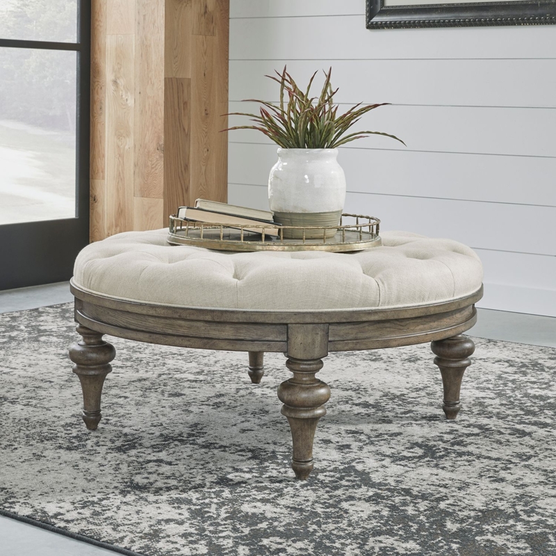 Round Cocktail Ottoman Weathered Wood Finish Tufted Circular Apron