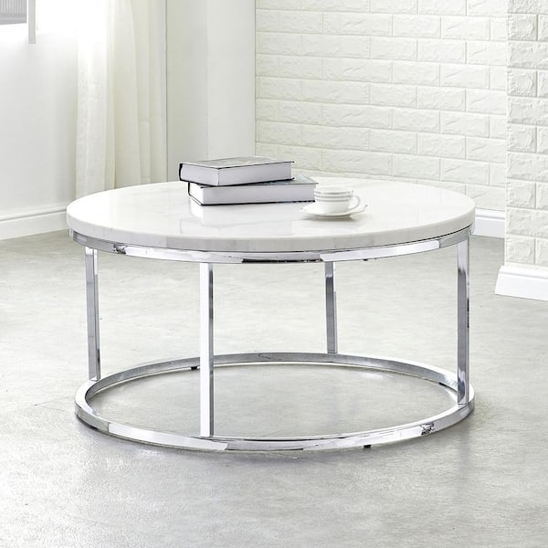 Round Cocktail Table White Marble Pattern Chrome Base
