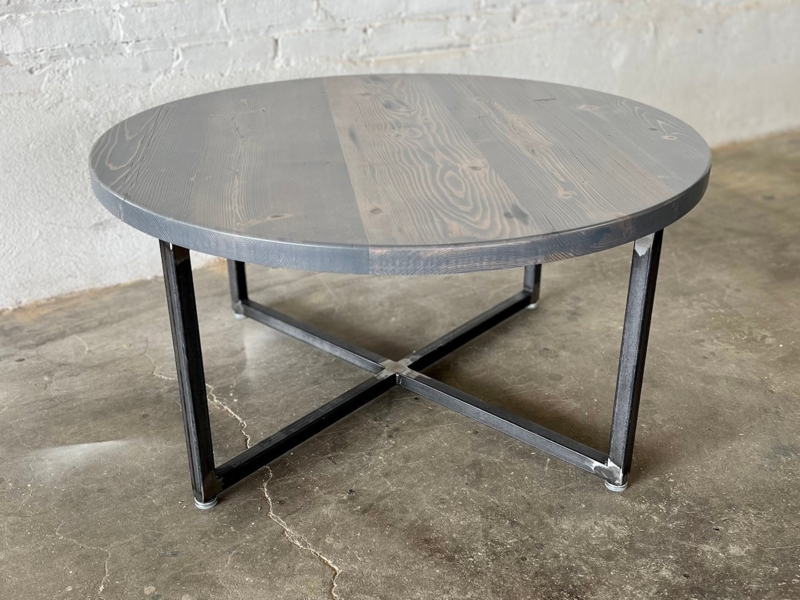 Round Coffee Table Carbon Gray Wood Reclaimed Texture Planked Top Farmhouse