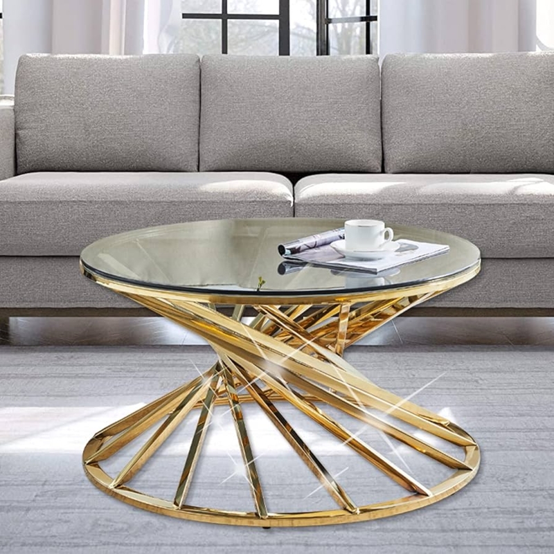 Round Coffee Table Charcoal Glass Top Gold Spiral Slat Base