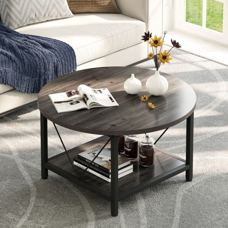 Round Coffee Table Charcoal Gray Wood Grain Two Tier Storage X-Frame Brace