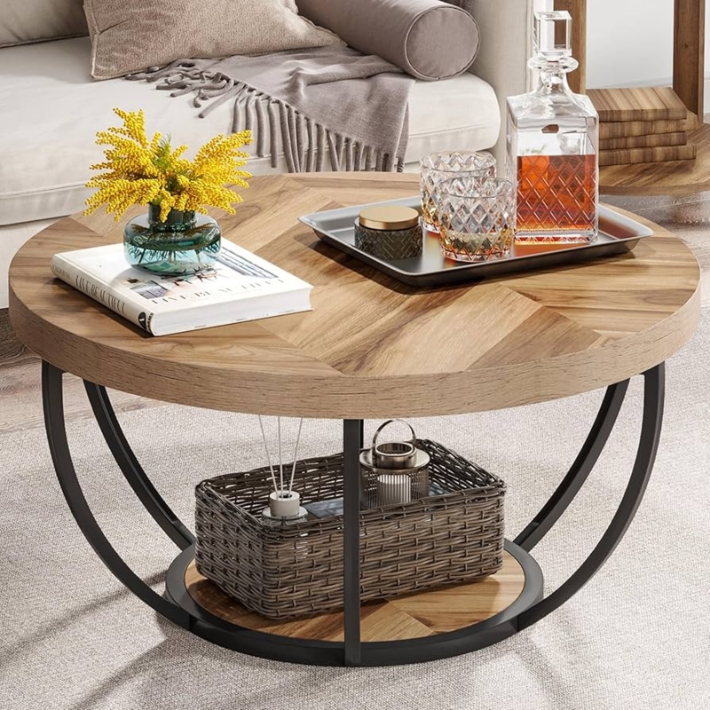 Round Coffee Table Chevron Parquet Top Curved Metal Legs Two Tier Warm Oak