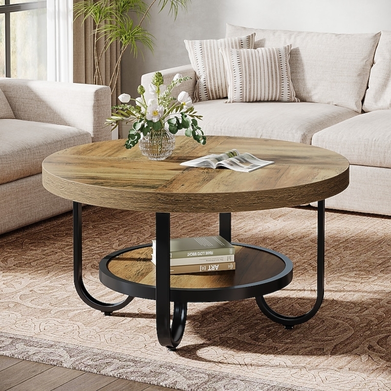 Round Coffee Table Curved Metal Legs Two Tier Storage Rustic Finish