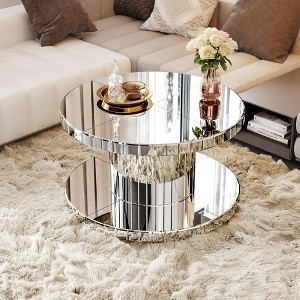 Round Coffee Table Fluted Mirror Glass 2-Tier Pedestal Base
